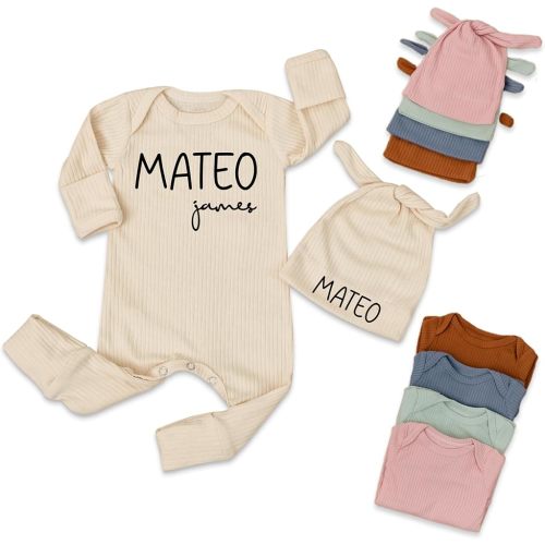 Personalized Newborn Coming Home Outfit - Custom Name Baby Bodysuit and Hat Newborn Boys Girls Romper