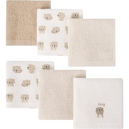 6 Pack Baby Washcloths - 100% Cotton Terry Soft and Absorbent Wash Cloths for Face Hand Body Burp Rag Wipes - Essentials for Newborns Infants Toddlers Boys Girls (Brown Bear - 6 Pack)