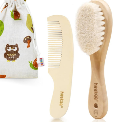 haakaa Baby Hair Brush and Comb Set for Newborns & Toddlers - Natural Soft Goat Bristles and Wooden Handle, Gently Grooms Baby's Hair, Ideal for Cradle Cap, Perfect Baby Gift, 2pk