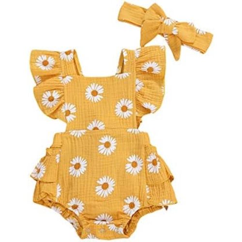 Infant Baby Girl Summer Outfit Clothes Sleeveless Smocked Cotton Linen Romper with Headband