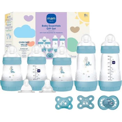 MAM Newborn Essentials Matte Feeding Set, Easy Start Anti-Colic Bottles 5oz, Self-Sterilizing, for 0-3 Months Pacifiers, Skinsoft Silicone Nipples, 10 Pieces for Boy