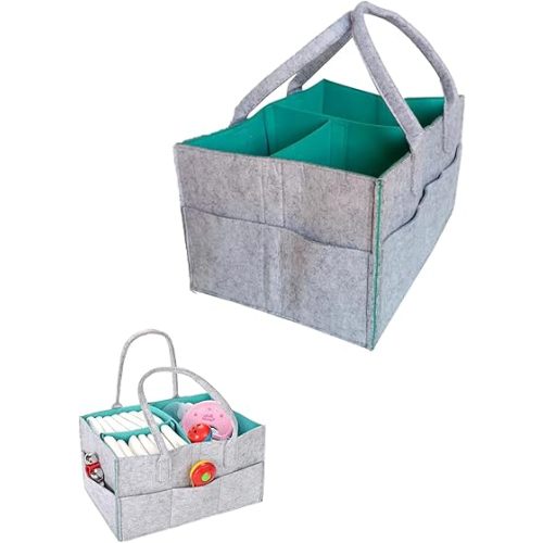 Baby Diaper Caddy is a versatile baby basket designed for nursery storage, car organization, and as a thoughtful gift for baby showers. Perfect for storing diapers and baby wipes. (Light gray & Green)