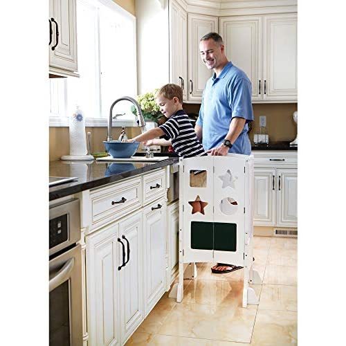 Guidecraft Classic Kitchen Helper Stool - White with 2 Keepers and Non-Slip Mat: Foldable, Adjustable Height Safety Cooking Stool for Toddlers with Chalkboard and Whiteboard Message Boards