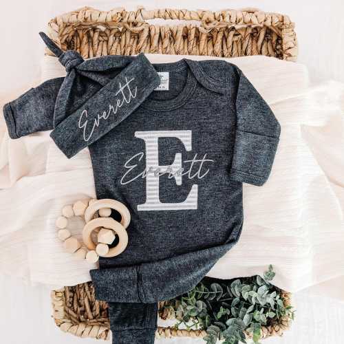 Personalized Baby Boy Outfit with Name, Newborn Romper with Footies, Coming Home Outfit Set with Hat, Embroidered Infant Hospital Romper