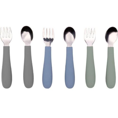 WeeSprout Toddler Utensils, 3 Forks & 3 Spoons, 18/8 Stainless Steel & Food Grade Silicone - Matte Dark Gray, Blue, Green