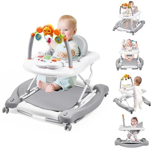 Baby Walker, 5-in-1 Baby Walkers for Boys and Girls 6-12 Months with Bouncer, Removable Footrest, Feeding Tray & Music, Foldable & Adjustable Activity Walker for 6-18 Months Toddler Infant