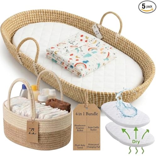 ZEAL'N LIFE Seagrass Baby Changing Basket Set, 4-in-1 Portable Changing Station with Waterproof Changing Pad for Dresser, Caddy Basket & Baby Towel, Moses Basket (32 Inch)