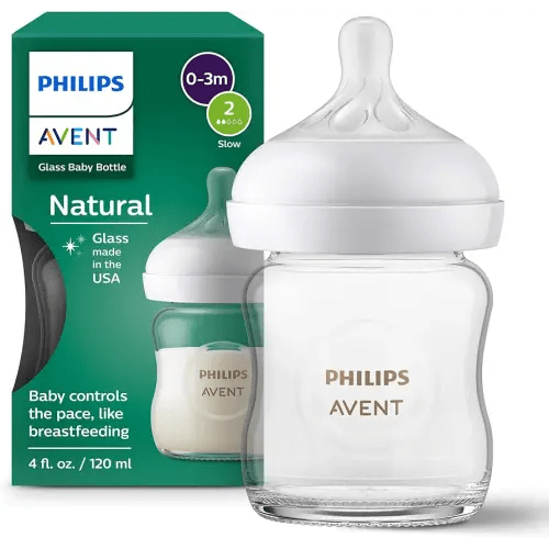 Philips Avent Natural Glass Baby Bottle with Natural Response Nipple (Slow Flow, Flow 2), 4oz, SCY910/01