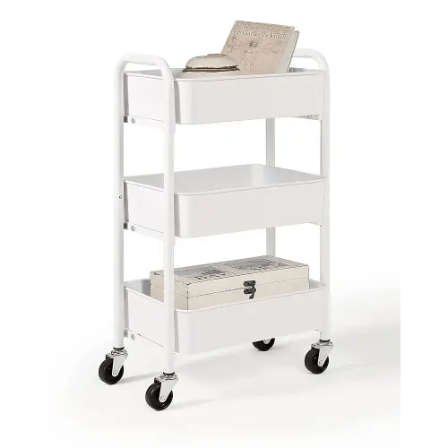 SunnyPoint 3-Tier Delicate Compact Rolling Metal Storage Organizer - Mobile Utility Cart Kitchen/Under Desk Cart with Caster Wheels - WHT (15.35" X 10.24" X 26.8"H)