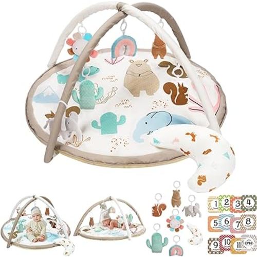 Baby Play Gym with 7 Toys and 12 Mliestone Cards, Baby Play Mat with Velvet Fabric Tummy Time Pillow, Animal Design Tummy Time Mat, Baby Gym Activity Center, Thicker and Non Slip Mat, Washable