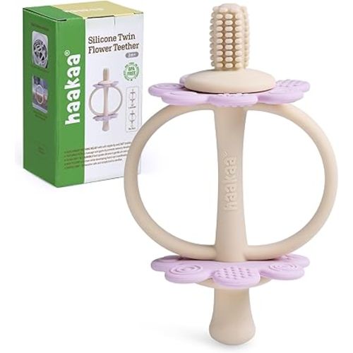 haakaa Silicone Twin Flower Teether,Nipple-Shaped End for Gum Massage,360° Baby Toothbrush Head for Self-Brushing Training,Easy to Grip - Lavender