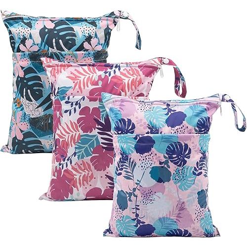 babygoal Wet Dry Bags for Baby Cloth Diapers, Washable Travel Bags, Beach, Pool, Gym Bag for Swimsuits & Wet Clothes with Two Zippered Pockets 3 Pack, 3LN19