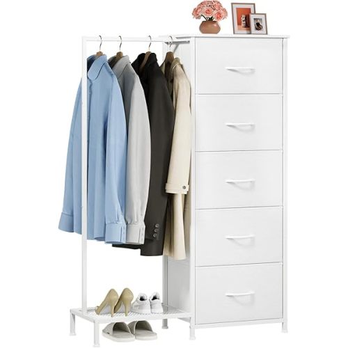 Somdot Dresser with Hanging Rack, 5 Drawers Small Closet for Bedroom, Reversible Dresser with Clothes Rack, Kids Dressers for Bedroom Chest of Drawers, Tall Storage Tower, White Leather