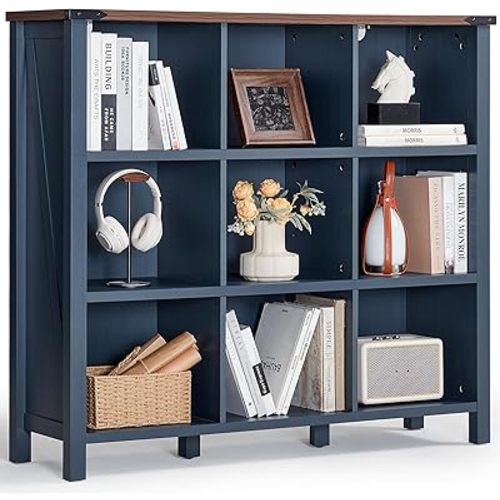 9 Cube Bookcase, Farmhouse 47 Inch Wide Navy Blue Bookshelf, Wooden 3 Tier Display Large Open Book Shelf, Vintage Horizontal Book Case for Home Office, Cubby Storage Cabinet for Living Room