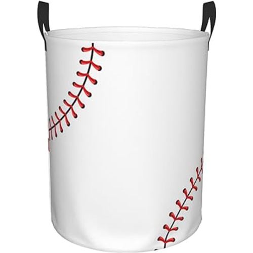 Red Stitching Baseball White Round Laundry Hamper Baseball Sport Storage Basket Toys Clothes Organizer Bin For Home Bathroom Bedroom Dorm Nursery, 62l