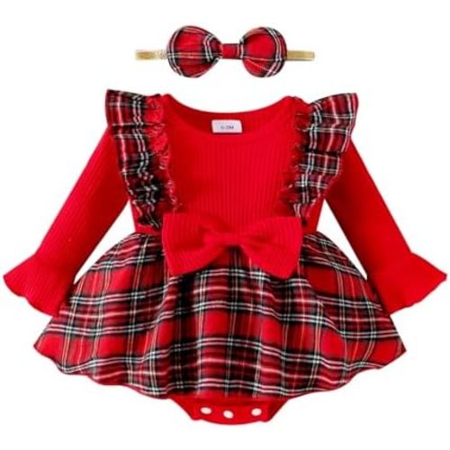 Baby Girl Clothes Cute Plaid Romper Dress Ruffle Long Sleeve One-piece Jumpsuit Bodysuit with Bow Headband