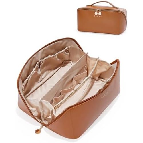EACHY Travel Makeup Bag,Large Capacity Cosmetic Bags for Women,Waterproof Portable Pouch Open Flat Toiletry Bag Make up Organizer with Divider and Handle
