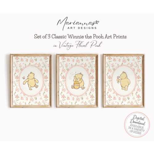 Winnie the Pooh Nursery Decor Classic Winnie the Pooh Prints Vintage Girls Room Prints Set of 3 Pooh Bear Vintage Floral PRINTABLE Wall Art