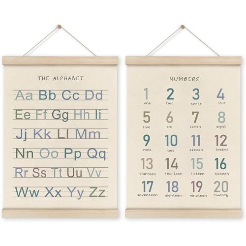 HRQKO Alphabet Numbers Poster Hanger Frame Set of 2, Nursery Wall Decor, Boho ABC Poster Wall Art with Wooden Frames, Alphabet Banner Wall Hanging Decor for Boy Toddler Room Playroom, 12x16 Inch