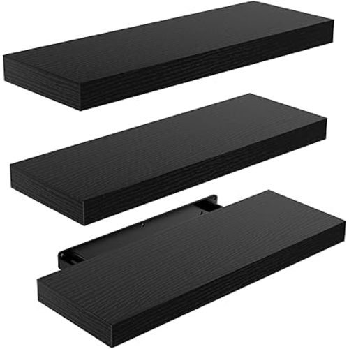 AMADA HOMEFURNISHING Floating Shelves Black, Wall Shelves with Invisible Brackets for Bedroom, Bathroom, Living Room, Kitchen, Set of 3 - AMFS07