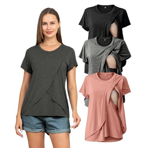 Rnxrbb 3 Pack Women's Nursing Tops for Breastfeeding Summer Short Sleeve T Shirts Postpartum Double Layer Clothes
