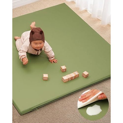 48x48 Green Baby Play Mat - Thick Double-Sided Waterproof Vegan Leather Playmat, Soft and Durable for Babies and Toddlers