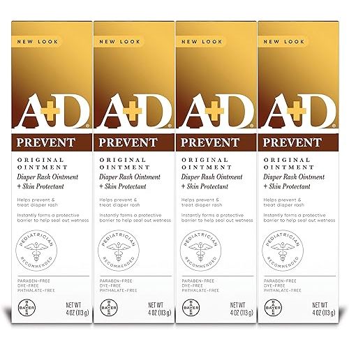 A+D Original Diaper Rash Ointment, Baby Skin Protectant With Lanolin and Petrolatum, Seals Out Wetness, Helps Prevent Diaper Rash, 4 Ounce Tube (Pack of 4), Packaging May Vary