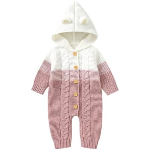 OBEEII Newborn Knitted Outfits Baby Girls Boys Cable Knitted Sweater Romper with Hooded 3D Bear Ear Winter Outerwear