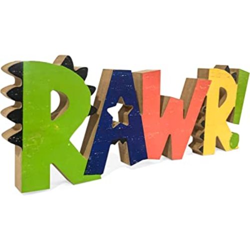 Rawr Dinosaur Room Wood Decor for Boys - Kids Decorations for Bedroom - Boys Nursery Room Wooden Wall Decor, Birthday Decoration Dinosaur Theme - Freestanding Multicolor Tabletop 13.7"