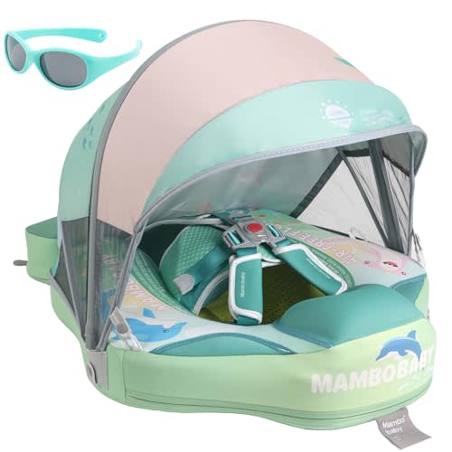 Mambobaby Newest Non Inflatable Baby Float Size Improved Add Tail Avoid Flip Over Swim Trainer Solid Infant Pool Float with Canopy UPF 50+ Swim Ring