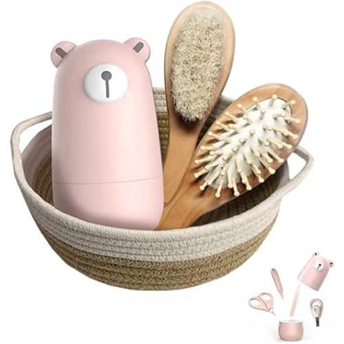 Baby 7 in 1 grooming set, nail scissors, nail file, tweezers, natural wood hair comb, storage basket for children and newborns in beautiful gift box (pink l)