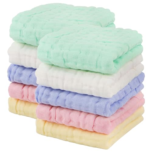 AIDEA Baby Washcloths and Burp Cloths, Absorbent Cotton Muslin Baby Towels, Large Soft Breathable Newborn Essentials for Boys and Girls, Newborn Essentials, 10 Pack, 10"x10"