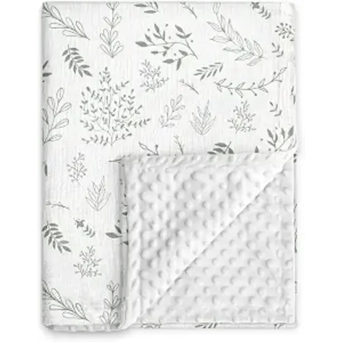 GLLQUEN BABY Blankets for Boys Girls, Soft Muslin Cotton Front Dotted Fleece Backing, Nursery Minky Crib Blanket for Infant Toddler, 30 x 40 inches Throw Blanket, Green & Leaves