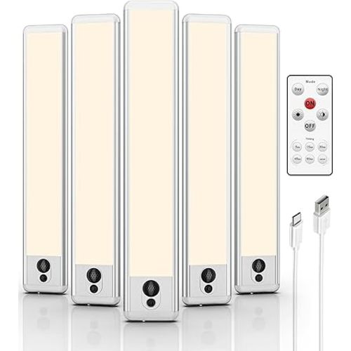 EZVALO Under Cabinet Lights, LED Closet Lights Wireless USB Charging, Motion Sensor Lighting Indoor 3500K Dimmable with Remote Control (Warm) 5 Pack