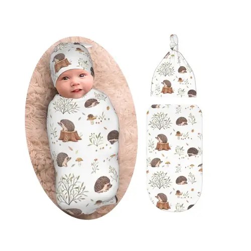 Hedgehog Baby Stuff Mushroom Newborn Swaddle Blanket with Beanie Set, Soft and Stretchy Baby Blanket Swaddle Sleep Sack for Boy and Girl