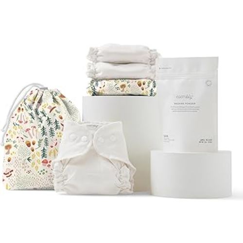 Esembly Try-It Kit - Cloth Diaper Starter Set with Organic Cotton Diapers, Waterproof Diaper Cover, Wet Bag, and Laundry Detergent - Fantastic Fungi, Size 1 (7-18lbs)