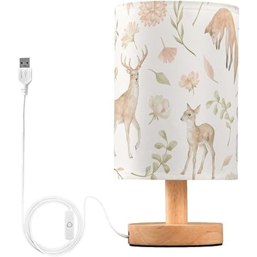 Bedside Table Lamp Woodland Animals Nightstand Lamp with Wood Forest Deer Fox Floral Leaves Desk Lamps for Bedroom Living Room Nursery Office Home Decor