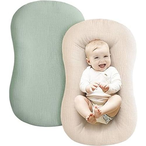 Konssy Muslin Baby Lounger Cover 2 Pack, 100% Cotton Newborn Lounger Cover, Soft and Breathable Lounger Slipcover for Boys Girls, Covers Only (Green,Wheat)