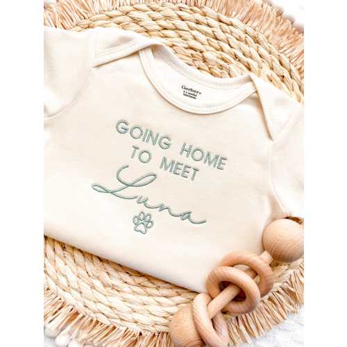 Going Home to meet My Dog Baby Onesie®, Embroidered Protected By Dog Name, Personalized Dog Name Onesie® New Best Friend Onesie®