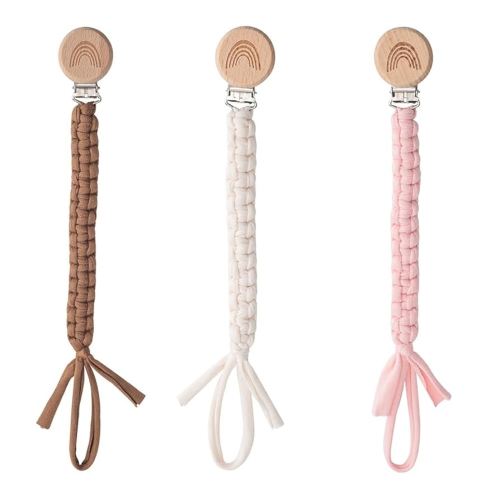 Pacifier Clip for Boys Girls Pacifier Holder Leash Boho Rainbow Wooden Clips Handmade Braided Cotton Unisex Baby Shower Birthday Gift Christmas Gift (White Light Pink Brown)