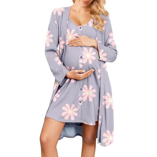Ekouaer Maternity Nursing Gown and Robe Set 2 Piece Waffle Breastfeeding Nightgown 3 in 1 Labor and Delivery Hospital Gown