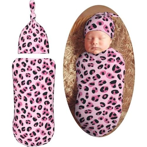 Baby Pink Leopard Print Newborn Swaddle Blankets Hat Sets Soft Baby Receiving Blanket Swaddle Sack for Baby Shower Infant Boy Girl Gift