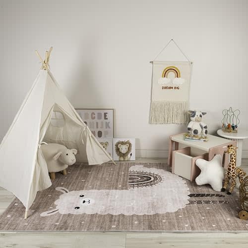 RUG BRANCH Soft Steps Playtime 5'x7' (Exact Size: 5'3" x 7'7") Non-Toxic, Child and Pet Safe, Llama - Soft Area Rug, Brown Beige - Boys & Girls in Playroom, Nursery, Bedroom