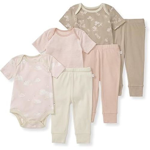 Burt's Bees Baby Unisex Baby 6-Piece Bodysuit and Pant Set, 100% Organic Cotton Infant Outfit Baby Essentials