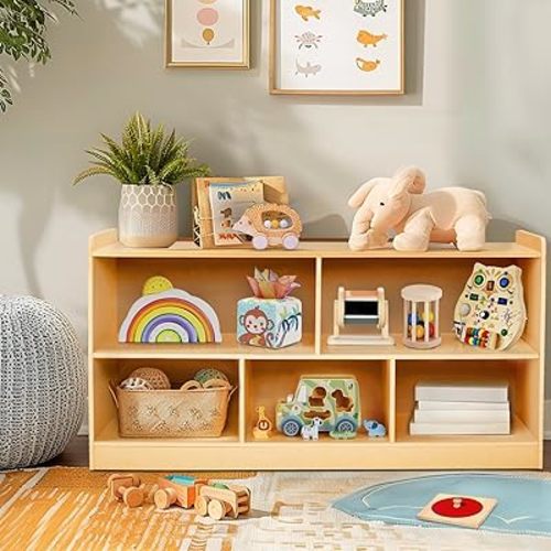 Montessori Shelf, Wooden Toy Storage Organizer for Books Toys, 2 Shelf Bookcase, 5-Section Storage Cabinet, Toddler Book Shelf for Kids Rooms, Playroom, Nursery, Kindergarten
