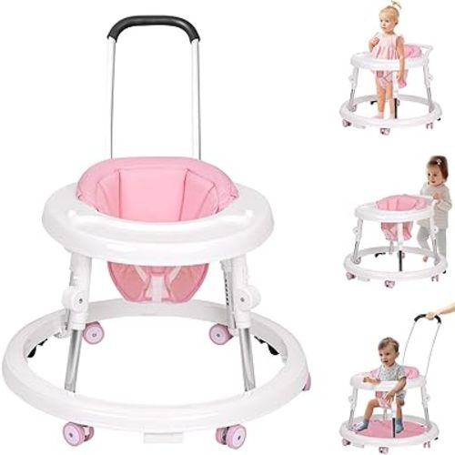 Baby Walker with Wheels, Activity Center with Mute Wheels Anti-Rollover, 9-Gear Height Adjustable Foldable Baby Walker for Boys and Girls from 6-18 Months with Push Handle, Footrest…