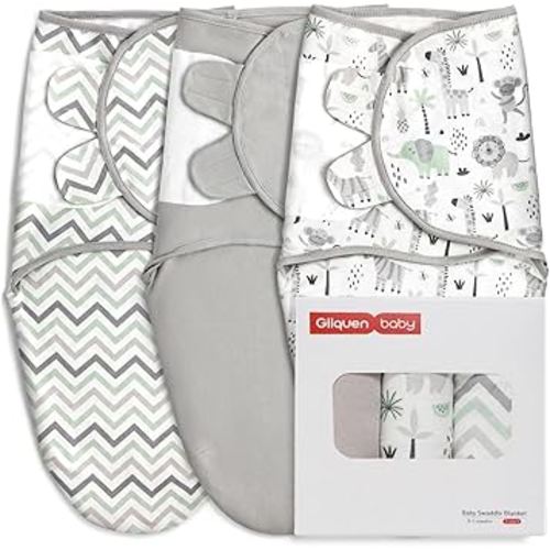 GLLQUEN BABY Organic Swaddle Sleep Sacks for Newborn - Baby Swaddles 0-3 Months, 3-Pack Newborn Swaddling Sack, Gray Stripe & Animal World, Baby Swaddle Blanket Wrap (Small/Medium)