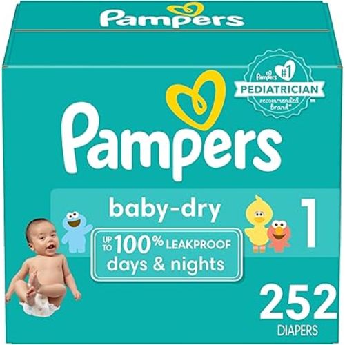 Pampers Baby Dry Diapers - Size 1, One Month Supply (252 Count), Absorbent Disposable Diapers