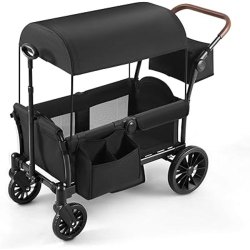 HARPPA Wagon Stroller for 2 Kids, Folding Push-Pull Design with Adjustable Handle Bar and Adjustable Canopy, Snack Tray & Storage Bag, Black