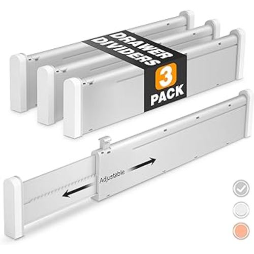 HiYZ Expandable Drawer Dividers with Inserts - Adjustable Drawer Divider Organizers Separators for Kitchen, Bedroom, Dresser, Office, 3 Long Dividers(12.6-22.8 IN) - Grey